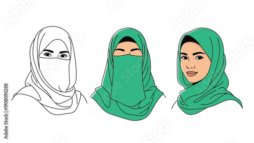 Three illustrations depict women wearing various styles of headscarves and face coverings high quality