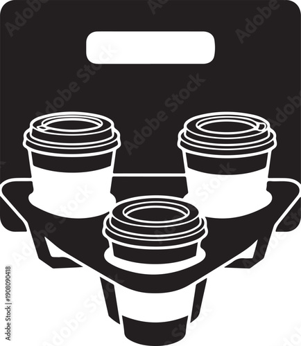 Black coffee cup carrier with three cups inside and transparent background for design