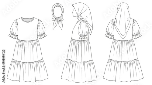 Fashion illustration depicting a tiered dress with three views and accompanying headscarf designs