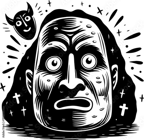 Mystical stone face with demonic spirit and religious crosses, spooky supernatural horror and occult concept illustration