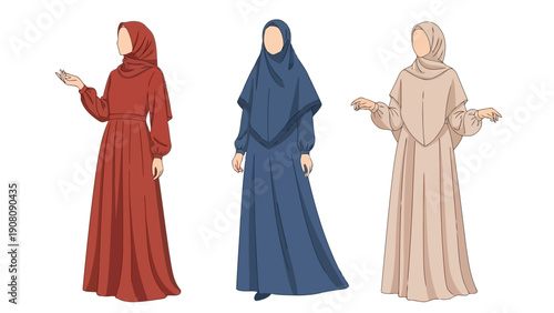 Three muslim women wearing colorful hijabs and traditional long dresses stand elegantly together