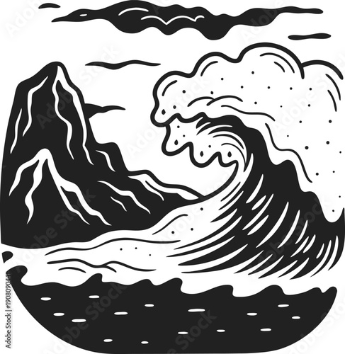 black and white stylized ocean wave crashing near rocky mountain under cloudy sky