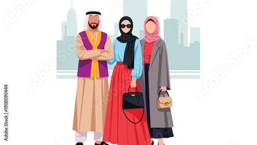 A vector illustration depicts a family dressed in traditional arabian clothing against a cityscape