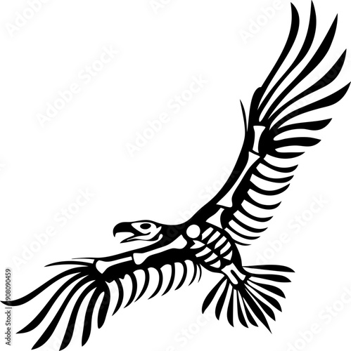 Eagle skeleton in flight stylized black and white bird bones soaring predator with outstretched wings, symbol of power and freedom