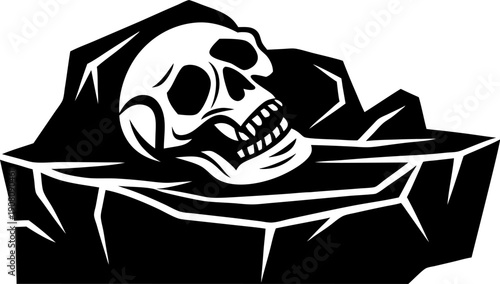 Human skull resting on cracked rock, dark gothic design symbolizing mortality and decay