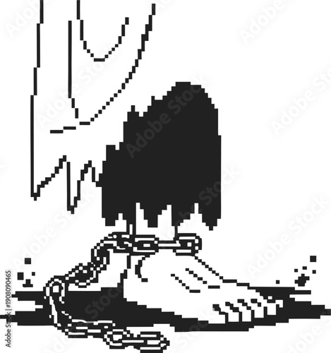 Shackled foot in torn pants standing in shadow, chain attached with scattered debris around