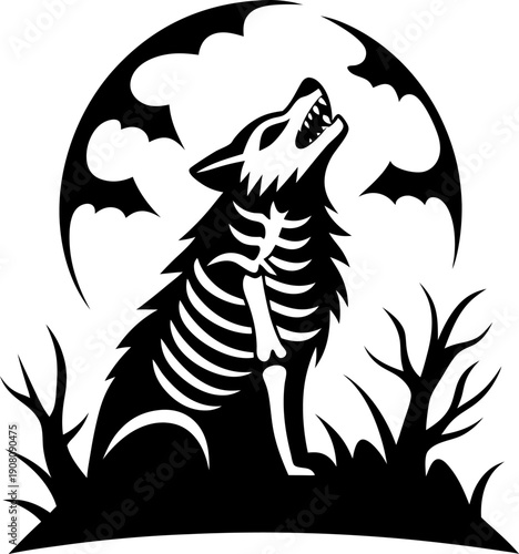 Howling skeletal wolf silhouette under full moon with spooky dead trees background