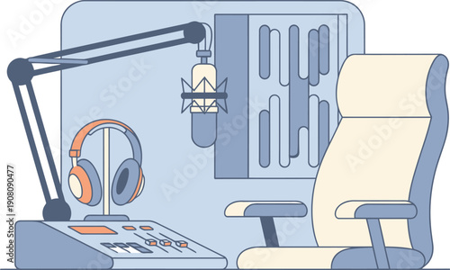 Recording studio with professional audio equipment and chair for podcasting or voiceovers in a quiet environment from a frontal viewpoint