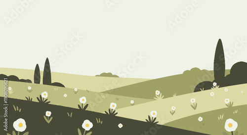 White Wildflowers Blooming in Field Landscape.