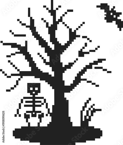 Pixel art skeleton under barren tree with bat flying, spooky halloween illustration in retro 8 bit