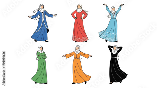 Six stylized illustrations depict women in traditional hijabs and long dresses showcasing diverse colors