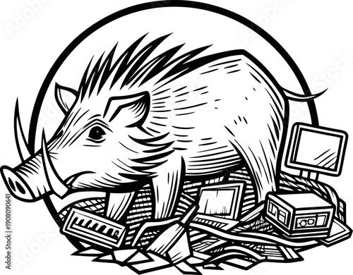 Boar standing among electronic waste and gadgets, recycling and environmental awareness concept