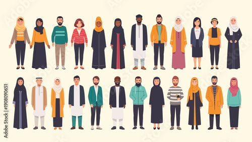 A diverse group of people from various middle eastern and islamic cultures are depicted