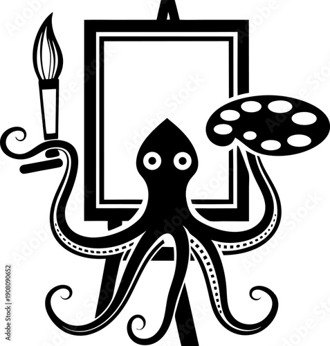 Octopus artist painting on canvas with brush and palette in creative art concept