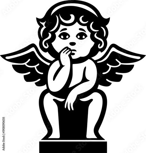 Contemplative angel statue with wings, curly hair, and thoughtful expression seated on pedestal silhouette
