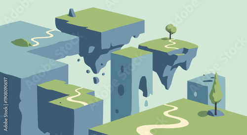 Floating Islands with Greenery and Pathways.