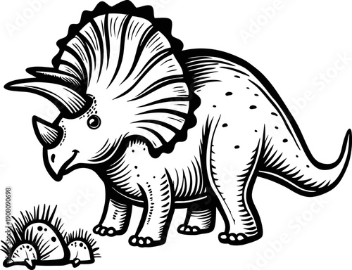 Triceratops dinosaur illustration with three horns and frilled neck, prehistoric reptile standing near spiky plants