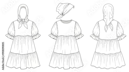 Line art illustrations showcase a modest dress design with variations in head coverings and views