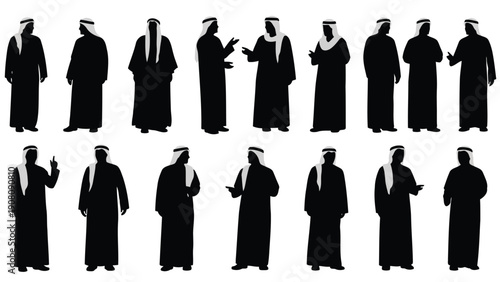 Silhouettes of arab men in traditional dress showcasing various poses and stances high quality
