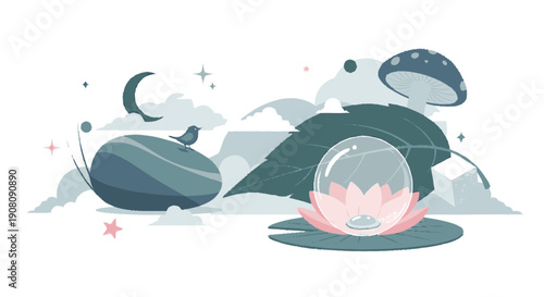 Crystal Ball on Lotus Flower Illustration.