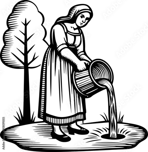 Woman pouring water from a bucket outdoors near tree in vintage illustration