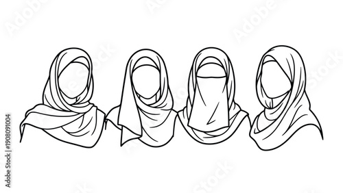 A black and white line illustration depicting five women wearing traditional hijabs or headscarves