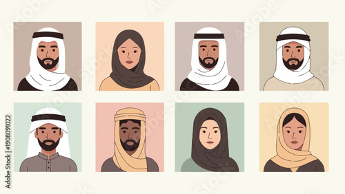 Illustrative collection of eight diverse middle eastern individuals in stylized flat vector portraits