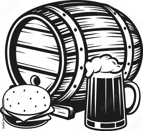 Beer barrel with frothy mug and cheeseburger classic pub food and drink concept in black and white illustration