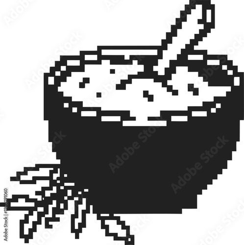 Black and white pixel art bowl of porridge with spoon and wheat grains, simple retro breakfast cereal illustration