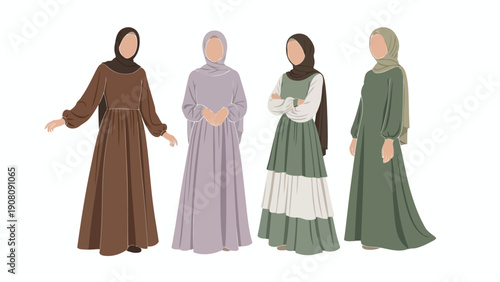 Four women wearing hijabs and long dresses stand in a row showcasing modest fashion styles