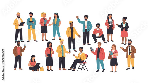 A diverse group of people are illustrated in a colorful flat vector style representing community