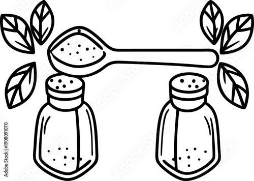 Salt and pepper shakers with a wooden spoon and herb leaves illustration, seasoning and kitchen spices concept