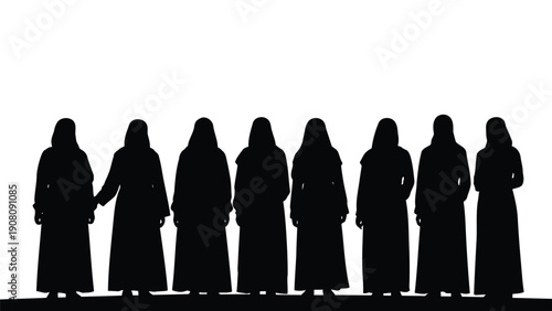 A group of women silhouetted in black stand closely together holding hands against a white background