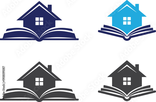 Home education concept showing house icon on top of open book pages representing homeschooling remote learning and residential library use