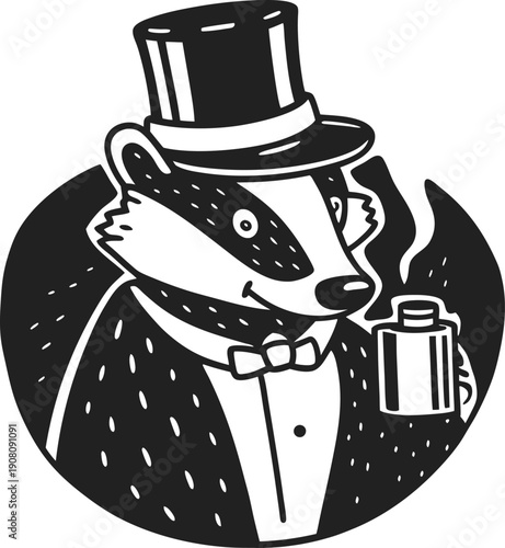 dressed up badger in top hat and bow tie holding steaming mug, whimsical animal character illustration