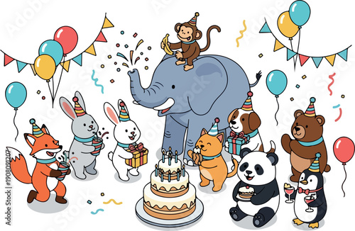 A joyful cartoon scene of animals celebrating a birthday party around a cake with an elephant blowing confetti surrounded by festive balloons and streamers