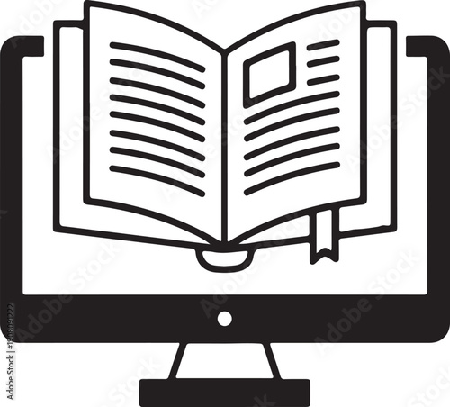 Online education concept showing an open book with a bookmark on a computer monitor with lines representing text