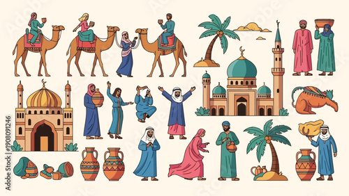 An illustrated collection depicting middle eastern culture architecture people and desert elements high quality