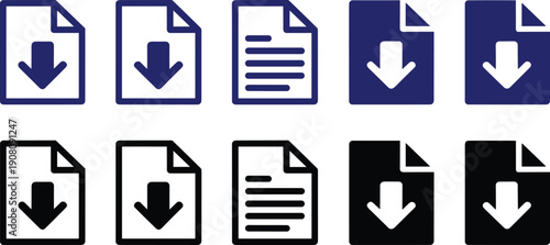File download document icons set with arrow indicators for office management and digital data storage applications