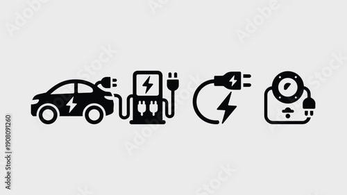 Sustainable automotive charging icons and electric vehicle symbols for renewable energy and green city environment
