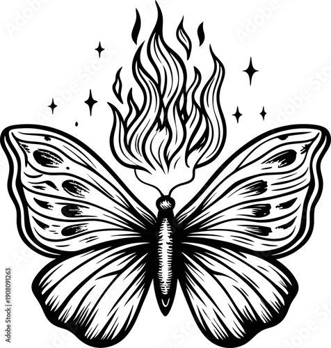 Illustration of a butterfly with flames above its body and sparkling stars around, black and white mystical design