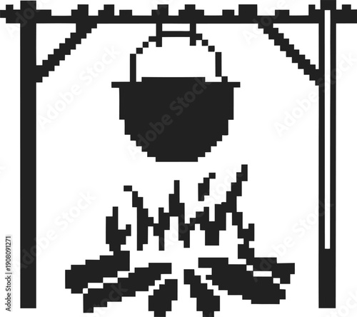 Pixel art campfire with hanging cooking pot, retro black and white camping icon, firewood flames and outdoor cooking concept