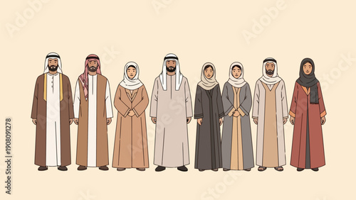 A diverse group of people wearing traditional arabian clothing stand in a single line formation