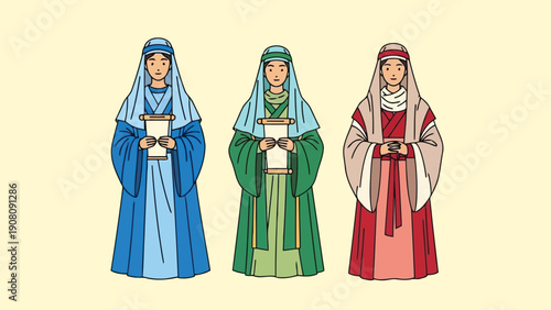 Three elegantly illustrated women in traditional historical clothing each holding a scroll high quality