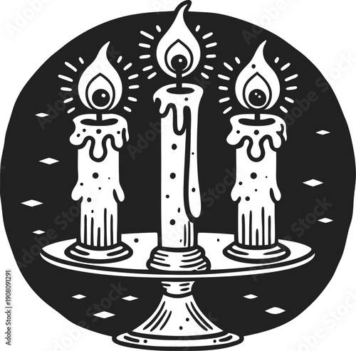 Three burning candles on decorative stand with melting wax and glowing flames in dark background