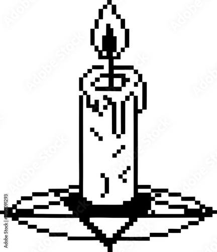 pixel art candle burning on a star shaped holder with wax drips and flickering flame