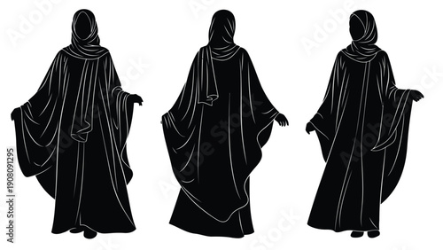 Three silhouetted figures wearing traditional black niqabs and full length robes are shown from different angles
