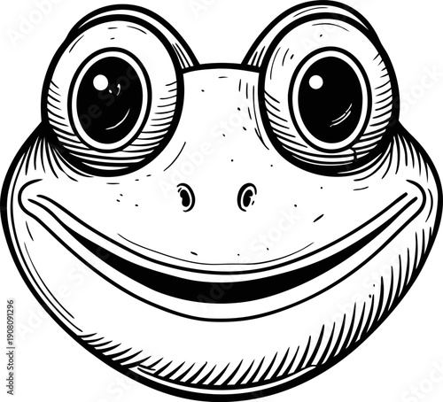 Happy smiling frog face with big eyes and wide mouth, cheerful amphibian character illustration