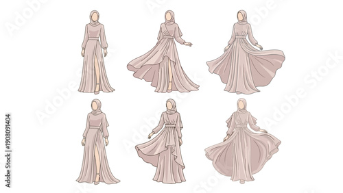 Fashion illustration showcasing six views of a modest flowing gown design with hijab