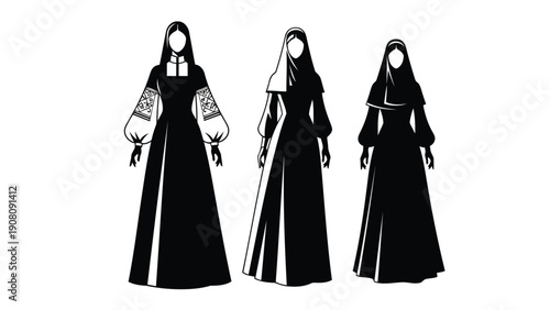 A striking black and white illustration depicts three nuns in traditional habits viewed from the front